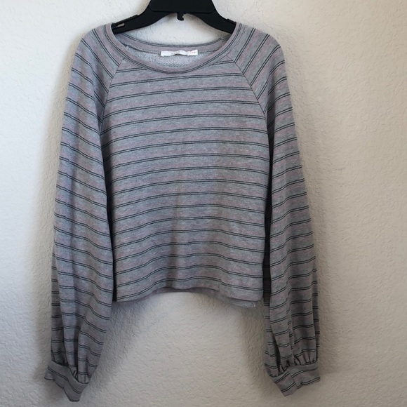 Lush Women's Sweater in Heather Gray Pink Striped Balloon Sleeve  - Picture 2 of 4